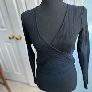 Zara Black Ribbed Wrap-Style Long Sleeve Top